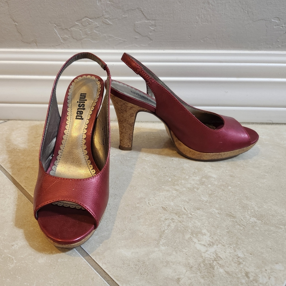 Unlisted Red Peep Toe Slingback Cork Heel Sandal